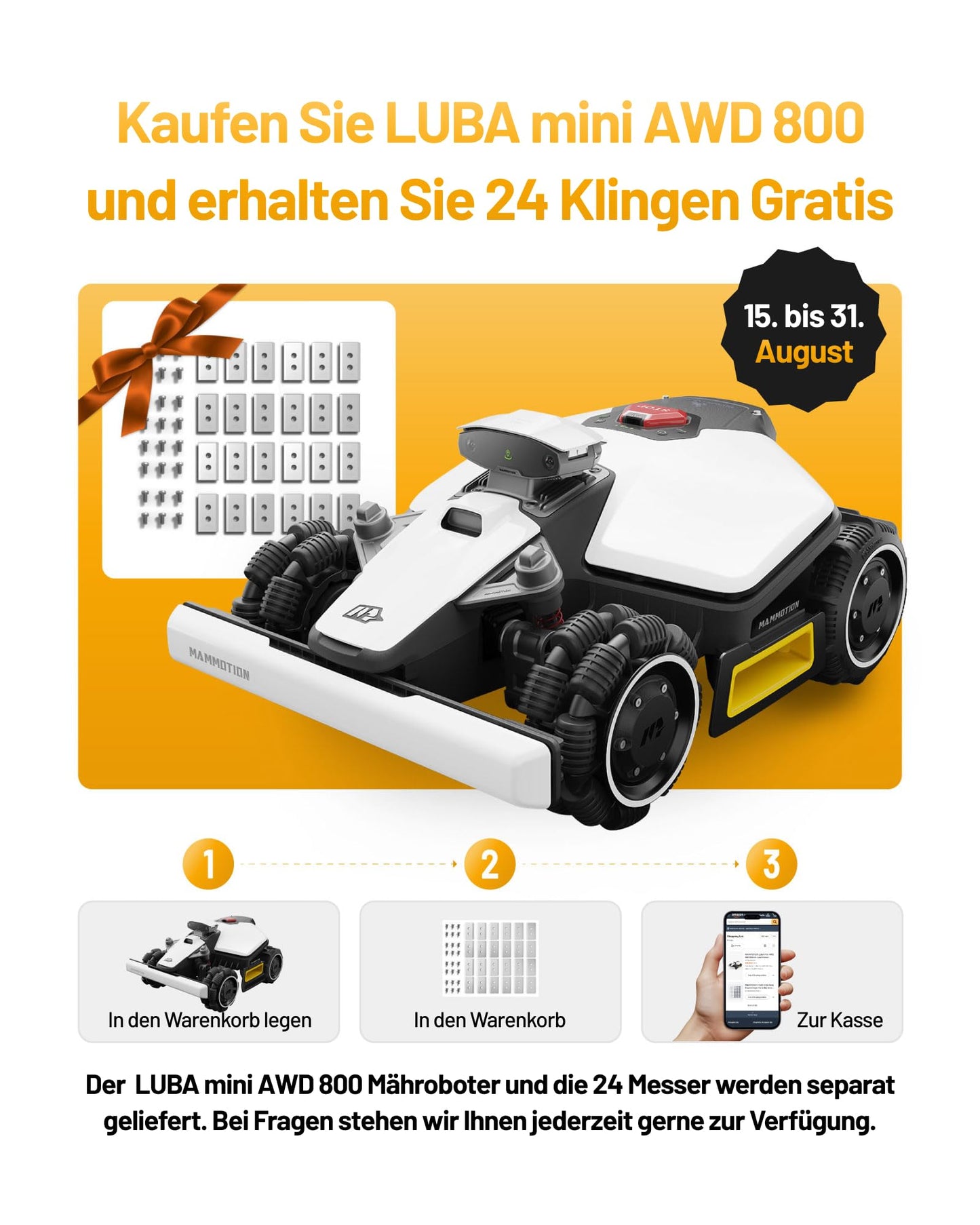 MAMMOTION LUBA mini AWD 800 Mähroboter - NetRTK+Vision, 800m², 80% Steigung, 4G, keine RTK-Antenne