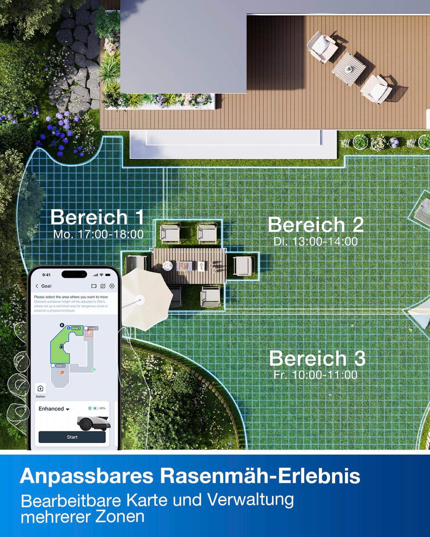 ECOVACS Goat O1200 RTK Mähroboter - LiDAR RTK+Vision, 1200m², Auto-Kartierung, 0.7m Engstellen