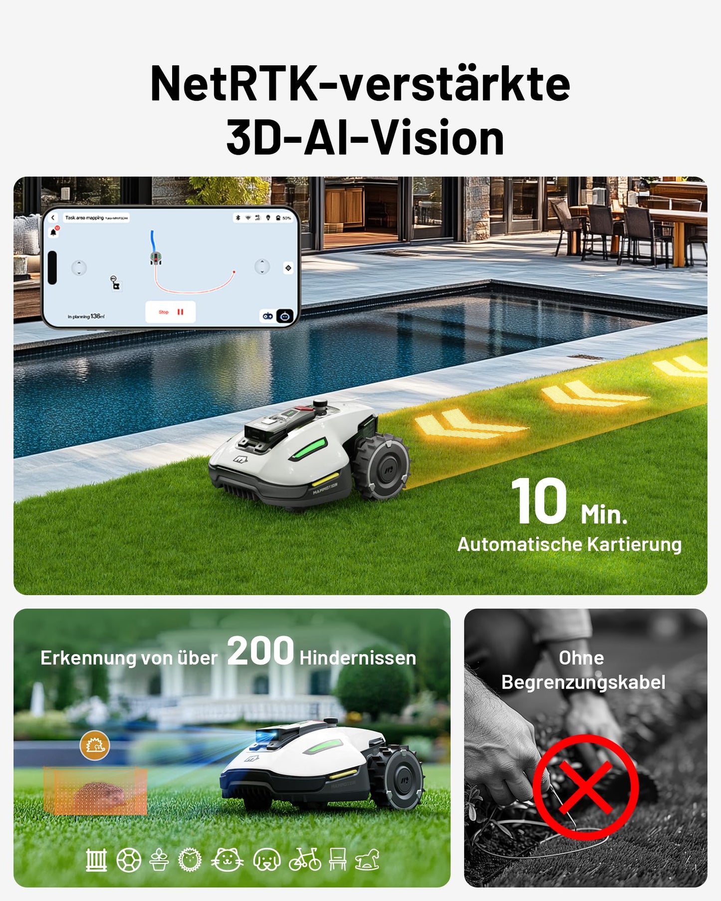 MAMMOTION YUKA Mini 500 Mähroboter - NetRTK+Vision, 500m², 50% Steigung, 4G-Modul, KI-Hindernisvermeidung