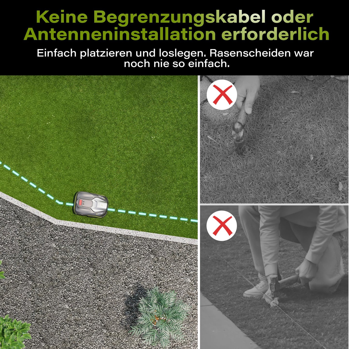 SUNTEK Mähroboter AI Vision - Ohne Kabel, 600m², Hindernisvermeidung, IPX5, App-Bedienung